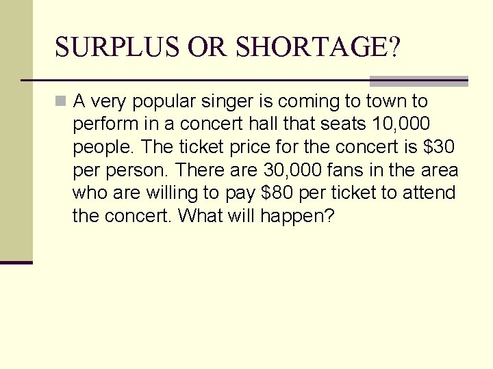 SURPLUS OR SHORTAGE? n A very popular singer is coming to town to perform