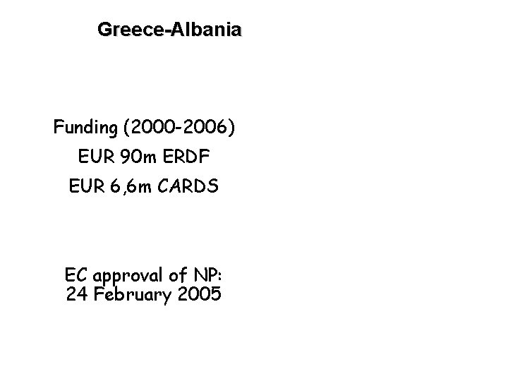 Greece-Albania Funding (2000 -2006) EUR 90 m ERDF EUR 6, 6 m CARDS EC