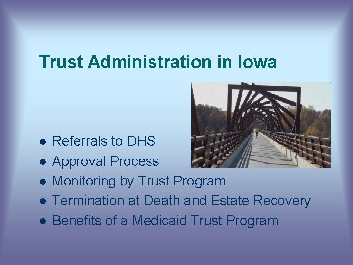 Trust Administration in Iowa l l l Referrals to DHS Approval Process Monitoring by