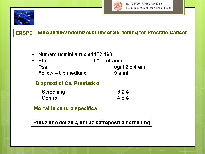ERSPC European. Randomizedstudy of Screening for Prostate Cancer • • Numero uomini arruolati 182.