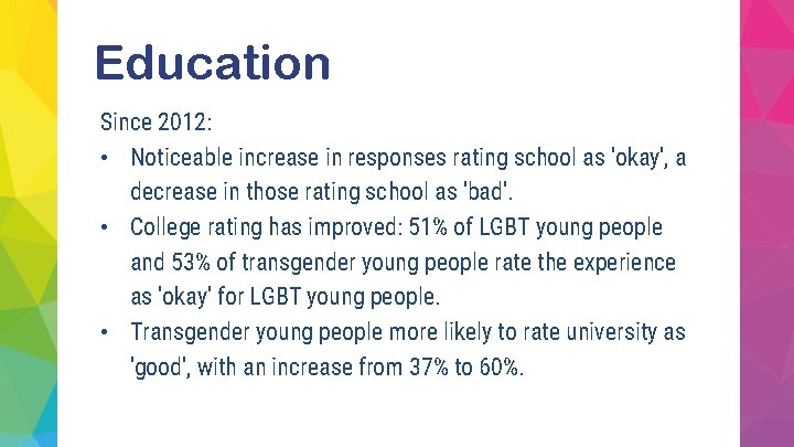 Education Since 2012: • Noticeable increase in responses rating school as 'okay', a decrease