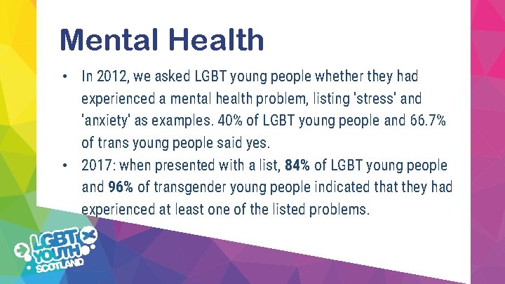 Mental Health • In 2012, we asked LGBT young people whether they had experienced