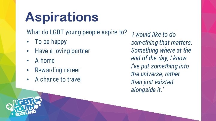 Aspirations What do LGBT young people aspire to? • To be happy • Have