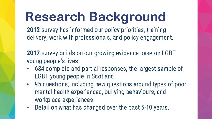 Research Background 2012 survey has informed our policy priorities, training delivery, work with professionals,