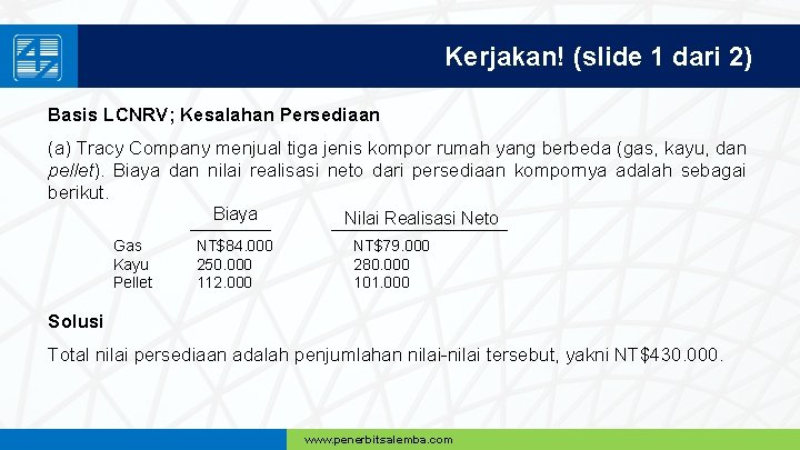 Kerjakan! (slide 1 dari 2) Basis LCNRV; Kesalahan Persediaan (a) Tracy Company menjual tiga