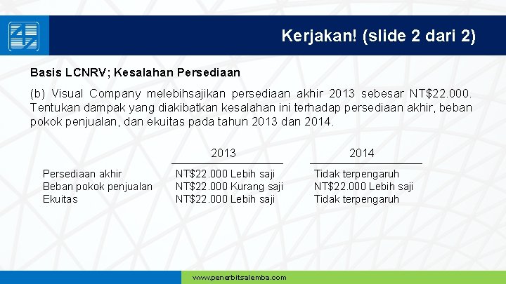 Kerjakan! (slide 2 dari 2) Basis LCNRV; Kesalahan Persediaan (b) Visual Company melebihsajikan persediaan