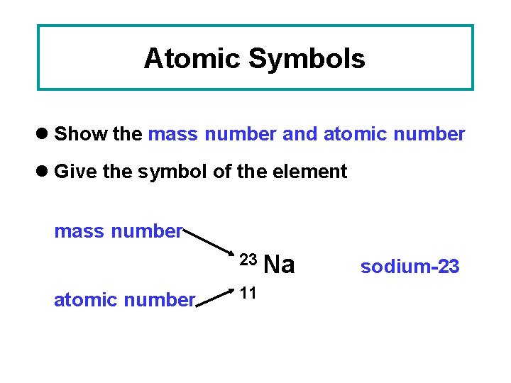 Atomic Symbols l Show the mass number and atomic number l Give the symbol