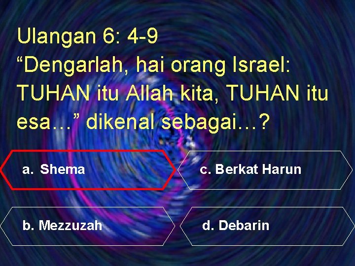 Ulangan 6: 4 -9 “Dengarlah, hai orang Israel: TUHAN itu Allah kita, TUHAN itu