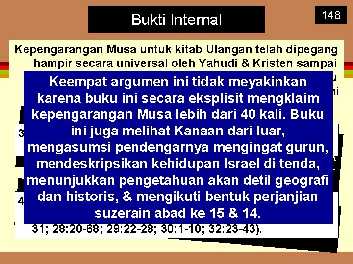 Bukti Internal 148 Kepengarangan Musa untuk kitab Ulangan telah dipegang hampir secara universal oleh