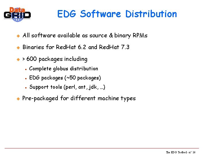 EDG Software Distribution u All software available as source & binary RPMs u Binaries