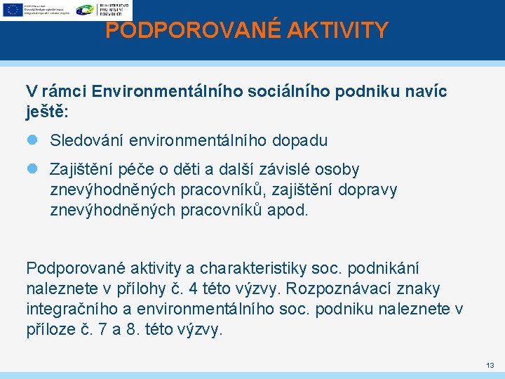 PODPOROVANÉ AKTIVITY V rámci Environmentálního sociálního podniku navíc ještě: Sledování environmentálního dopadu Zajištění péče