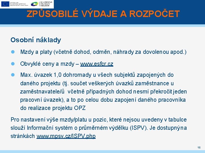 ZPŮSOBILÉ VÝDAJE A ROZPOČET Osobní náklady Mzdy a platy (včetně dohod, odměn, náhrady za