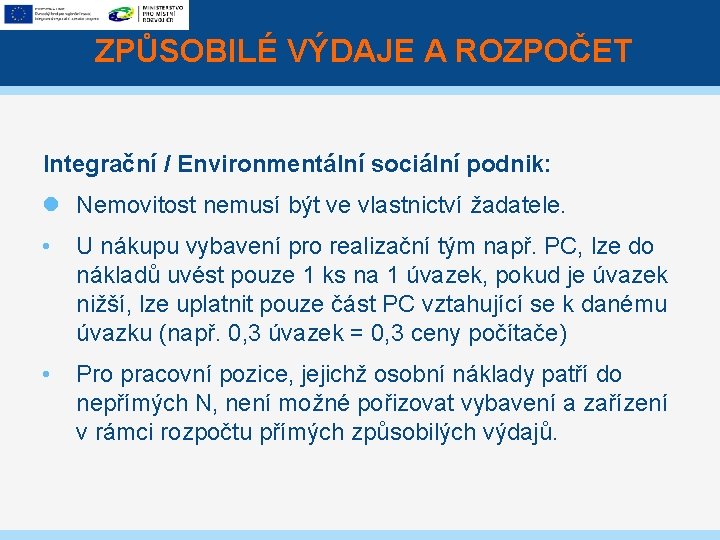 ZPŮSOBILÉ VÝDAJE A ROZPOČET Integrační / Environmentální sociální podnik: Nemovitost nemusí být ve vlastnictví