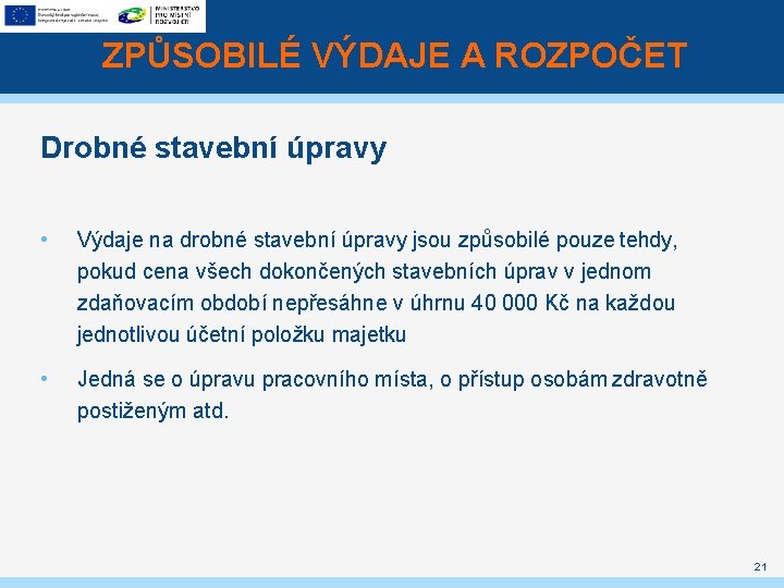 ZPŮSOBILÉ VÝDAJE A ROZPOČET Drobné stavební úpravy • Výdaje na drobné stavební úpravy jsou