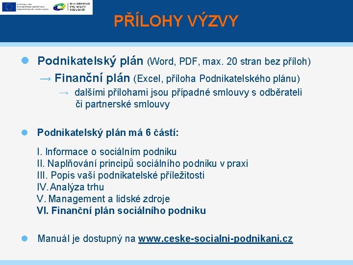 PŘÍLOHY VÝZVY Podnikatelský plán (Word, PDF, max. 20 stran bez příloh) → Finanční plán