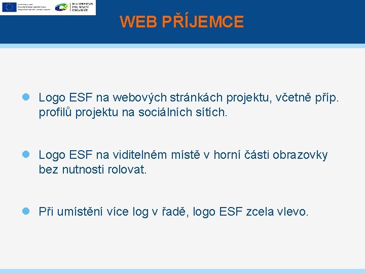 WEB PŘÍJEMCE Logo ESF na webových stránkách projektu, včetně příp. profilů projektu na sociálních