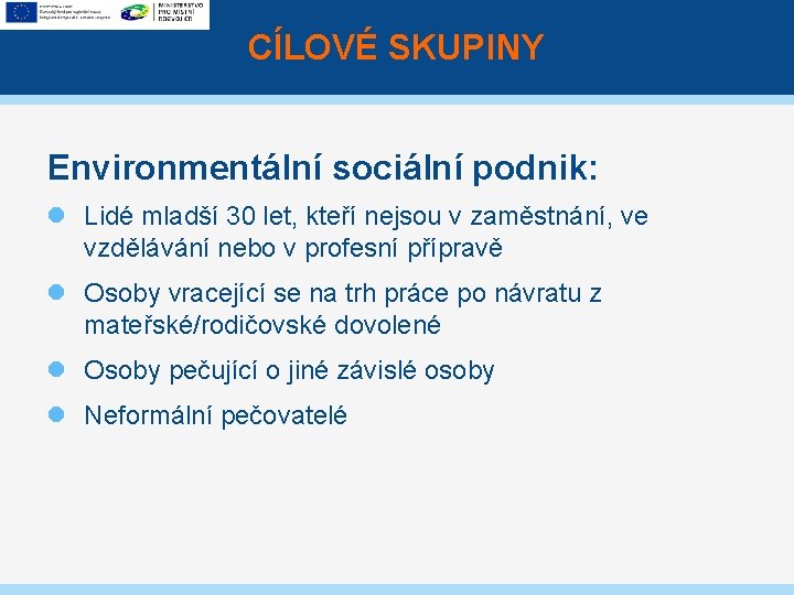 CÍLOVÉ SKUPINY Environmentální sociální podnik: Lidé mladší 30 let, kteří nejsou v zaměstnání, ve