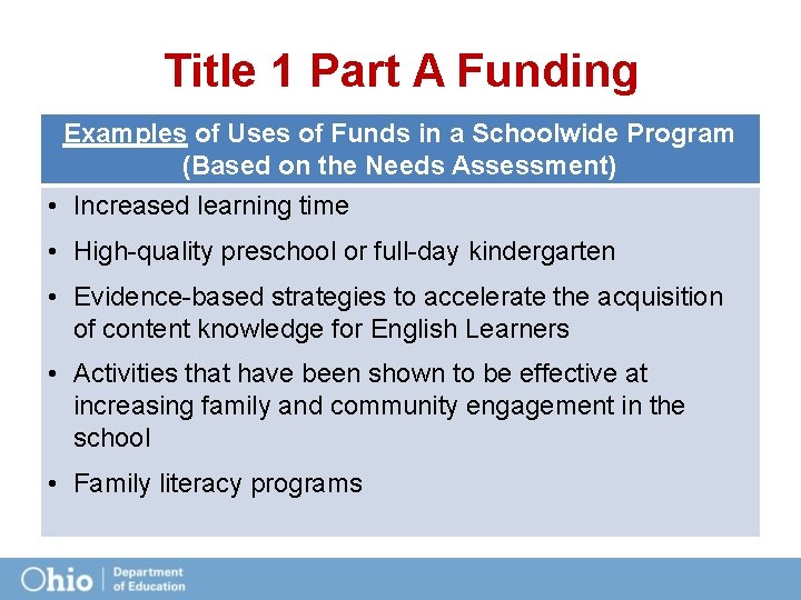 Title 1 Part A Funding Examples of Uses of Funds in a Schoolwide Program