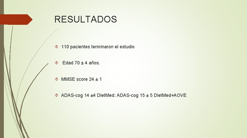 RESULTADOS 110 pacientes terminaron el estudio Edad 70 ± 4 años. MMSE score 24