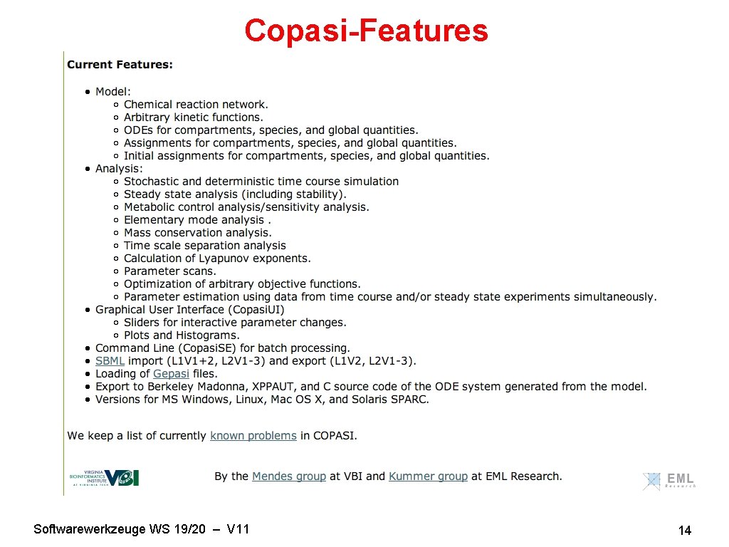 Copasi-Features Softwarewerkzeuge WS 19/20 – V 11 14 