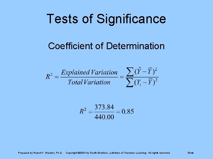 Tests of Significance Coefficient of Determination Prepared by Robert F. Brooker, Ph. D. Copyright
