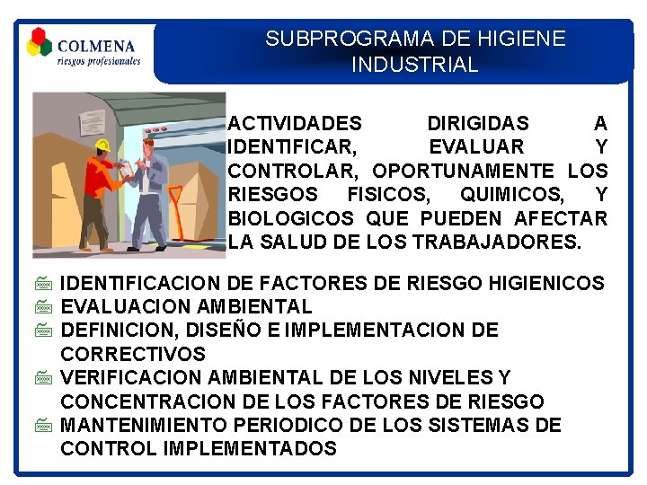 SUBPROGRAMA DE HIGIENE INDUSTRIAL ACTIVIDADES DIRIGIDAS A IDENTIFICAR, EVALUAR Y CONTROLAR, OPORTUNAMENTE LOS RIESGOS