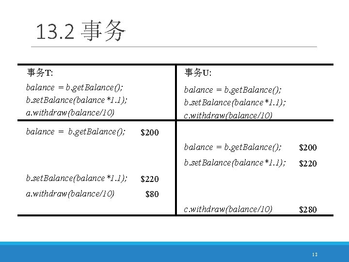 13. 2 事务 事务T: 事务U: balance = b. get. Balance(); b. set. Balance(balance*1. 1);