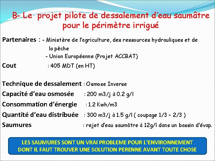 B- Le projet pilote de dessalement d’eau saumâtre pour le périmètre irrigué Partenaires :