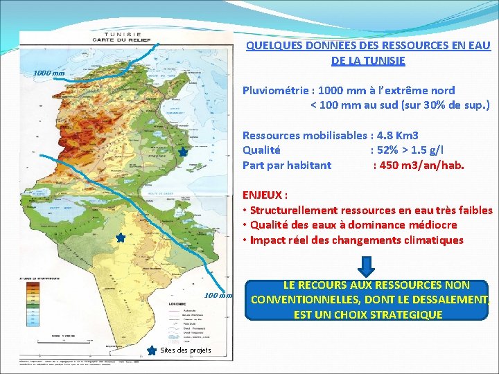 QUELQUES DONNEES DES RESSOURCES EN EAU DE LA TUNISIE 1000 mm Pluviométrie : 1000