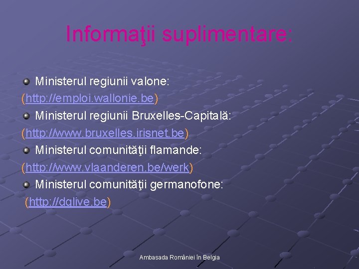 Informaţii suplimentare: Ministerul regiunii valone: (http: //emploi. wallonie. be) Ministerul regiunii Bruxelles-Capitală: (http: //www.
