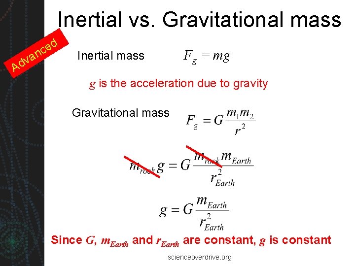 Inertial vs. Gravitational mass d e nc A a dv Fg = mg Inertial