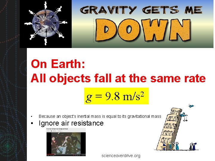 On Earth: All objects fall at the same rate g = 9. 8 m/s