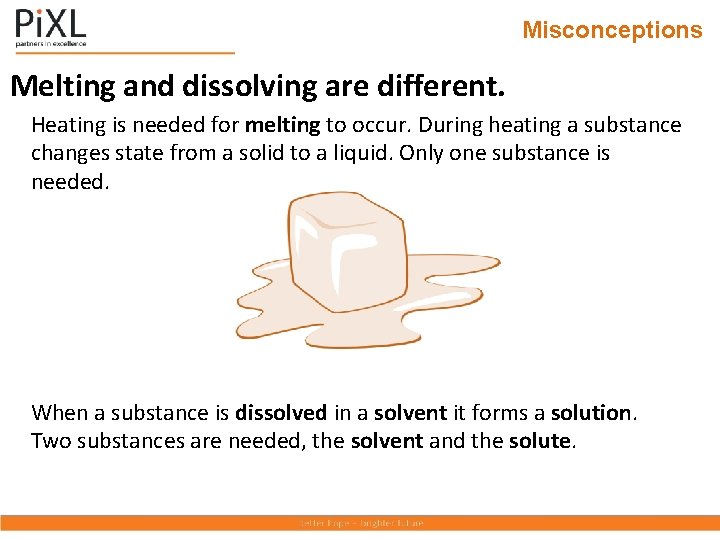 Misconceptions Melting and dissolving are different. Heating is needed for melting to occur. During