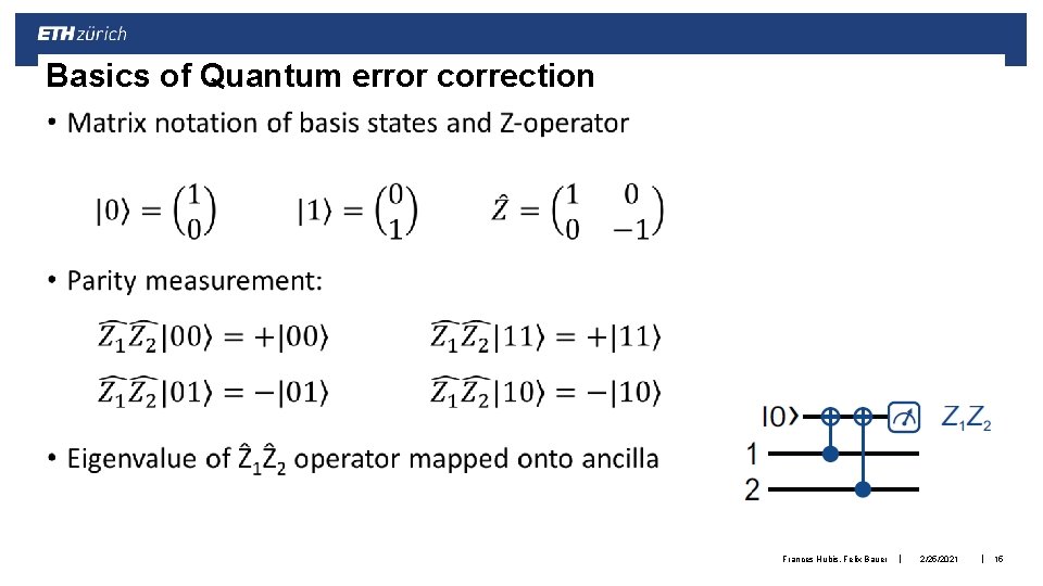 Basics of Quantum error correction • Frances Hubis, Felix Bauer | 2/25/2021 | 15 Basics of Quantum error correction • Frances Hubis, Felix Bauer | 2/25/2021 | 15
