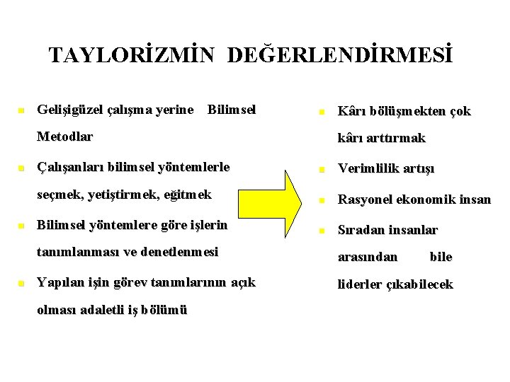 TAYLORİZMİN DEĞERLENDİRMESİ n Gelişigüzel çalışma yerine Bilimsel n Metodlar n n n Kârı bölüşmekten
