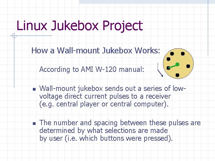 Linux Jukebox Project How a Wall-mount Jukebox Works: According to AMI W-120 manual: n Linux Jukebox Project How a Wall-mount Jukebox Works: According to AMI W-120 manual: n