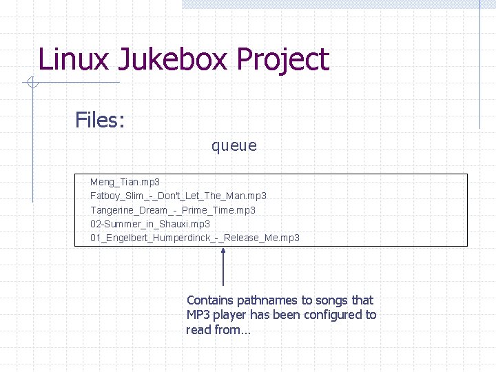 Linux Jukebox Project Files: queue Meng_Tian. mp 3 Fatboy_Slim_-_Don't_Let_The_Man. mp 3 Tangerine_Dream_-_Prime_Time. mp 3