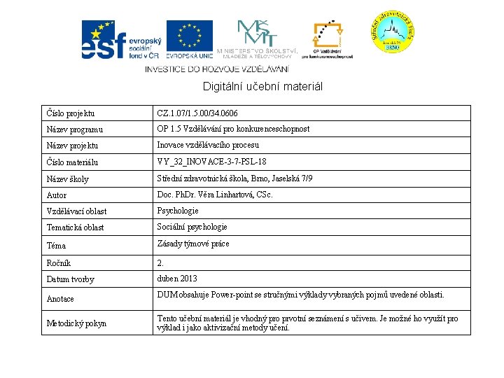 Digitální učební materiál Číslo projektu CZ. 1. 07/1. 5. 00/34. 0606 Název programu OP