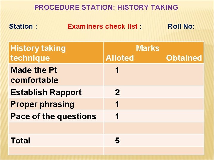 PROCEDURE STATION: HISTORY TAKING Station : Examiners check list : History taking technique Made