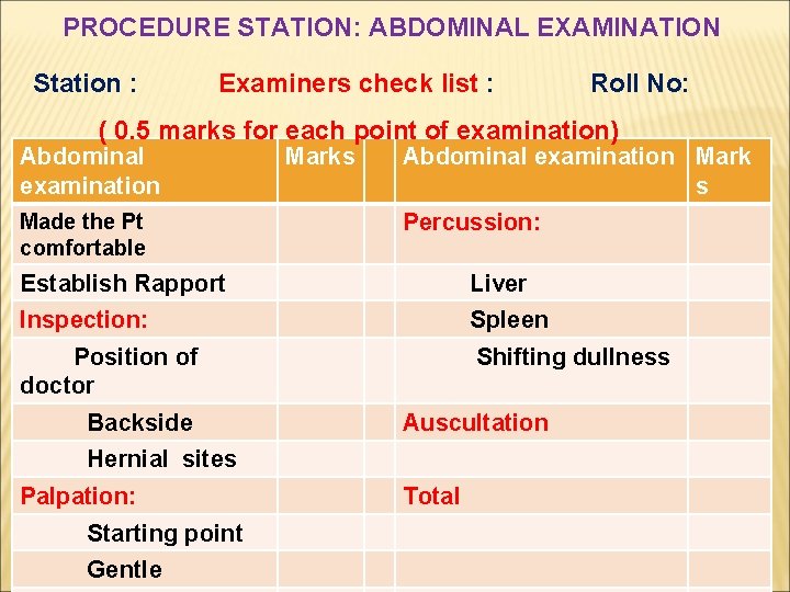 PROCEDURE STATION: ABDOMINAL EXAMINATION Station : Examiners check list : Roll No: ( 0. PROCEDURE STATION: ABDOMINAL EXAMINATION Station : Examiners check list : Roll No: ( 0.