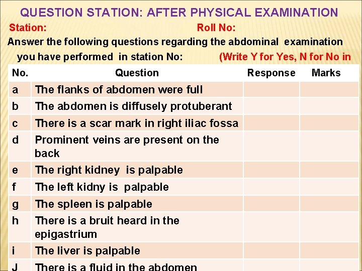 QUESTION STATION: AFTER PHYSICAL EXAMINATION Station: Roll No: Answer the following questions regarding the QUESTION STATION: AFTER PHYSICAL EXAMINATION Station: Roll No: Answer the following questions regarding the