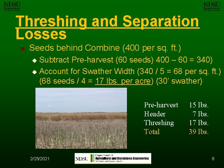 Threshing and Separation Losses n Seeds behind Combine (400 per sq. ft. ) Subtract