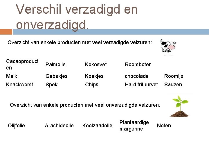 Verschil verzadigd en onverzadigd. Overzicht van enkele producten met veel verzadigde vetzuren: Cacaoproduct en