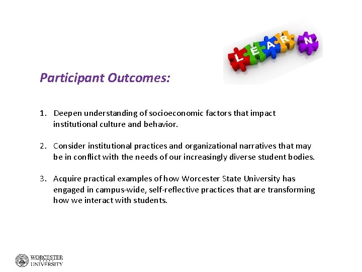 Participant Outcomes: 1. Deepen understanding of socioeconomic factors that impact institutional culture and behavior.