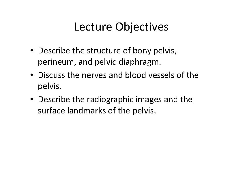 Lecture Objectives • Describe the structure of bony pelvis, perineum, and pelvic diaphragm. •