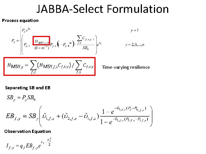 JABBA-Select Formulation Process equation Separating SB and EB Observation Equation Time-varying resilience 