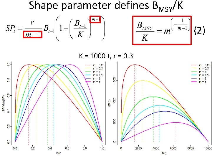 Shape parameter defines BMSY/K (2) K = 1000 t, r = 0. 3 