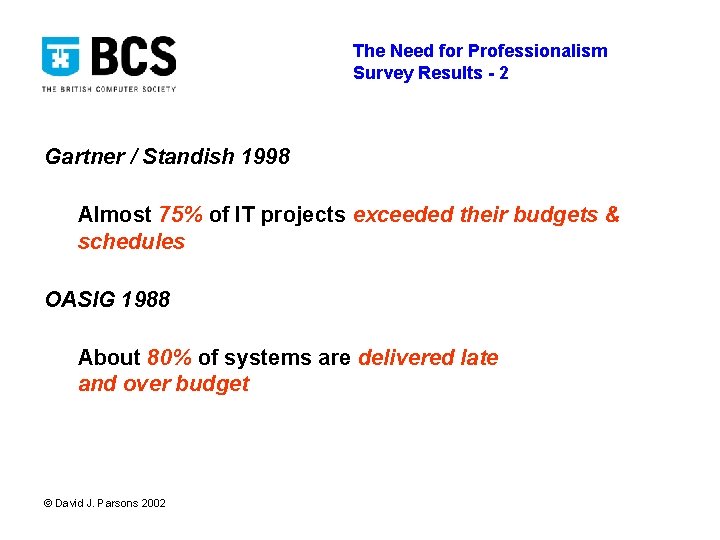 The Need for Professionalism Survey Results - 2 Gartner / Standish 1998 Almost 75%