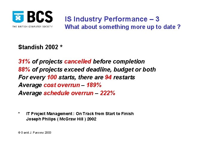 IS Industry Performance – 3 What about something more up to date ? Standish