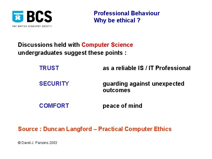 Professional Behaviour Why be ethical ? Discussions held with Computer Science undergraduates suggest these